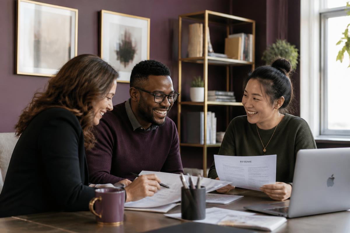 A team reviewing work together in a bright office